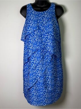 Ann Taylor 100% Silk Tiered Ruffle Dress | Size 8 | Royal Blue Ditzy Print